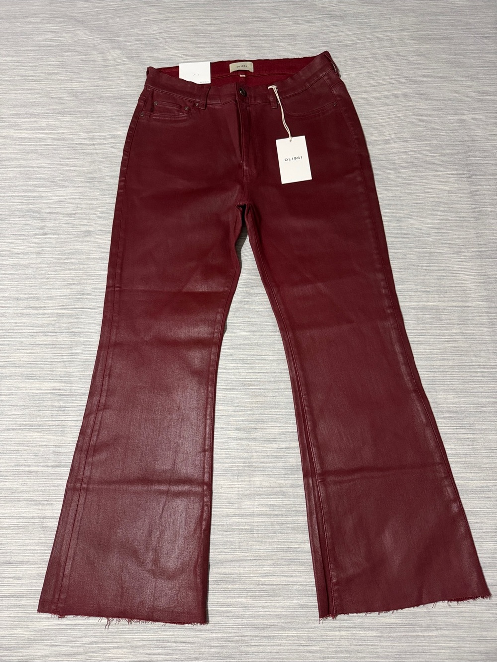 DL1961 Bridget Boot High Rise Instasculpt Crop Jeans Coated Burgundy Sz 32